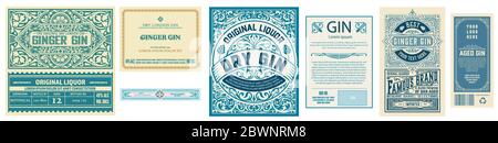Set of 3 vintage labels with back side. Vector layered Stock Vector