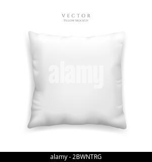 Clean white pillow mockup isolated on white background, vector illustration in realistic style. Square cushion for relaxation and sleep template. Stock Vector