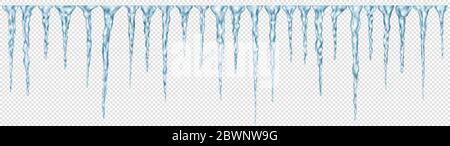 Set of translucent light blue realistic icicles of different lengths on transparent background. Transparency only in vector format Stock Vector