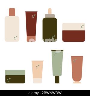 Set of cosmetic products. Tubes with cream or skin care whip in flat style. Ecological cosmetic concept. Isolated on white background Stock Vector