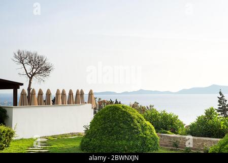Beautiful view of green plants against the background of beach umbrellas and view of the sea and mountains. Bodrum Turkey Stock Photo