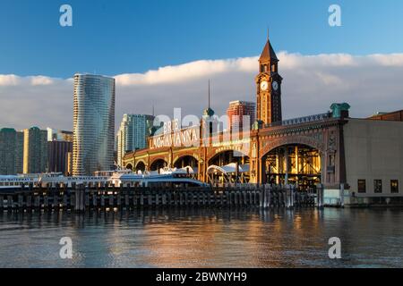 The Erie Lackawanna rail terminal in Hoboken, NJ on a sunlit morning Stock Photo