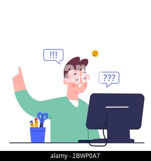 Online education concept. Cute boy studying homework during his online lesson at home, social distance during quarantine, self-isolation, home Stock Vector