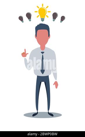 A young man with a fluorescent light bulb over his head, isolated against a white background Stock Vector