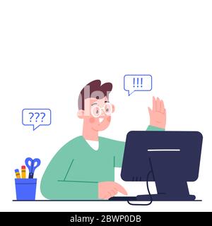 Online education concept. Cute boy studying homework during his online lesson at home, social distance during quarantine, self-isolation, home Stock Vector