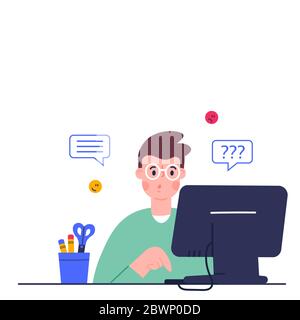 Online education concept. Cute boy studying homework during his online lesson at home, social distance during quarantine, self-isolation, home Stock Vector