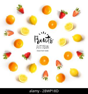 Seamless pattern with strawberry, lemon and orange.Strawberry, lemon and orange on the white background. Stock Photo