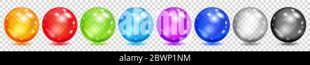 Set of translucent colored spheres with glares and shadows on transparent background. Transparency only in vector format Stock Vector