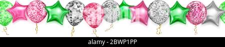 Banner with shiny balloons in red, silver and green colors, round and in the shape of stars, with ribbons and shadows, on white background, with horiz Stock Vector