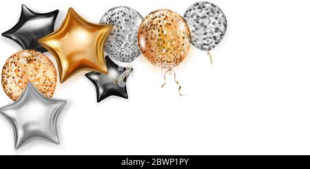 Illustration with shiny balloons in golden, black and silver colors, round and in the shape of stars, with ribbons and shadows, on white background Stock Vector