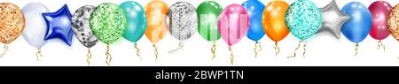 Banner with multicolored shiny balloons, round and in the shape of stars, with ribbons and shadows, on white background, with horizontal seamless repe Stock Vector