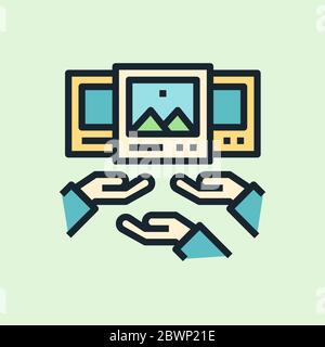 Crowdsourced content. Digital marketing concept illustration, flat design linear style banner. Usage for e-mail newsletters, headers, blog posts.... Stock Vector