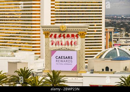 LAS VEGAS, NV, USA - FEBRUARY 2019: Large LED sign with LED display screen outside Caesars Palace Hotel on the Las Vegas Strip. Stock Photo