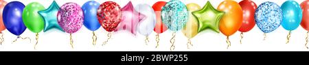 Banner with multicolored shiny balloons, round and in the shape of stars, with ribbons and shadows, on white background, with horizontal seamless repe Stock Vector