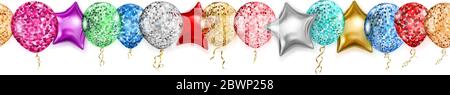 Banner with multicolored shiny balloons, round and in the shape of stars, with ribbons and shadows, on white background, with horizontal seamless repe Stock Vector