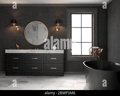 Interior black bathroom classic style 3D rendering Stock Photo