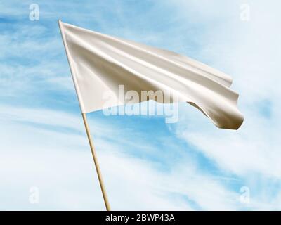 Waving white flag on sky background 3D illustration Stock Photo