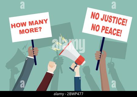 Protesters hands holding placards with the words and megaphone. Black and caucasian people hand waving with banners Stock Vector
