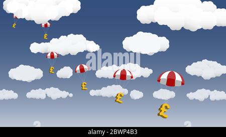 Pounds falling from the sky, with clouds in background. During a financial crisis, governments and welfare agencies offer financial assistance. Stock Vector