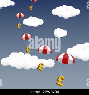 Pounds falling from the sky, with clouds in background. During a financial crisis, governments and welfare agencies offer financial assistance. Stock Vector