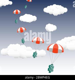 Money falling from the sky, with clouds in background, in wide format. During a financial crisis, governments offer financial assistance. Stock Vector