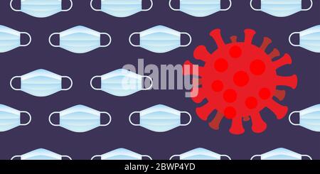 Virus or bacteria floating over tile pattern of earloop facemask. Background for social or web graphic or poster design. Stock Vector
