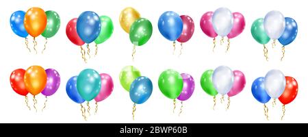 Set of colorful balloons with ribbons, isolated on white background Stock Vector