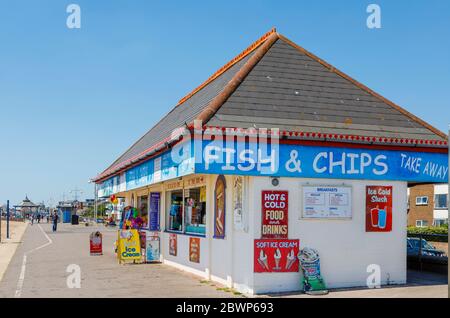 Esplanade beach kiosk shops and snack bars on the seafront in Bognor Regis, a seaside town in West Sussex, south coast England on a sunny day Stock Photo