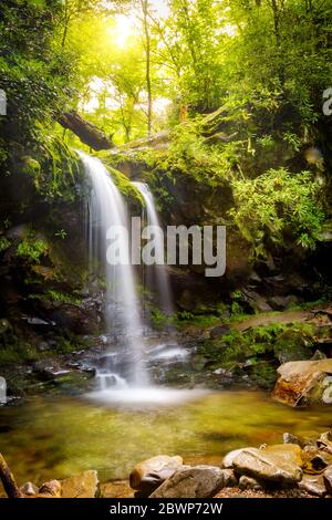 Long exposure of Grotto Falls along the Roaring Fork nature trail in the Great Smoky Mountains National Park in Tennessee, USA Stock Photo