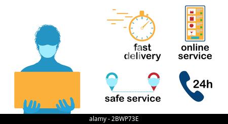 Safe delivery of goods during the coronavirus pandemic. A courier in a protective mask and gloves holds a box in his hands. Various icons Stock Vector