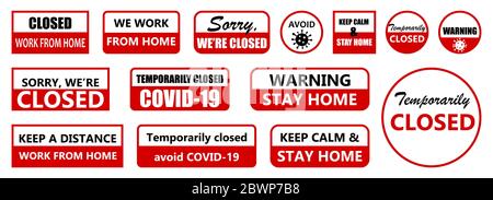 Set of coronavirus information plates. Red and black on white background Stock Vector