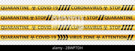Set of seamless safety tapes with coronavirus warning labels and biohazard symbols. In black and yellow colors with soft shadows on transparent backgr Stock Vector
