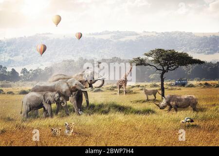 Kenya Africa safari dream trip scene with wildlife animals together in a grassland field with hot air balloons and game drive tourist vehicle. Stock Photo