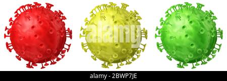 Set of coronaviruses in red, green and yellow colors, isolated on white background Stock Vector