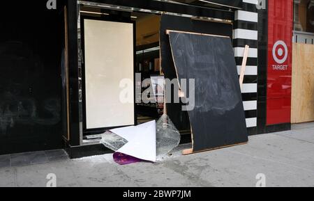 Smashed window at a Sephora store on 34th street in Manhattan Stock Photo