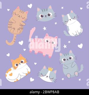 cute cats love hearts heads cartoon animal funny character background vector illustration Stock Vector