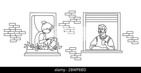 stay home elderly couple. elderly couple looking for a house. The facade of the house with open windows. Self-isolation, quarantine during COVID-19 Stock Vector