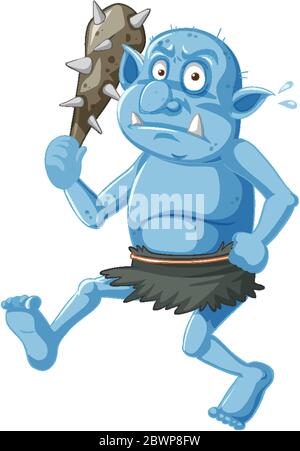 Blue goblin or troll holding hunting tool in cartoon character isolated illustration Stock Vector