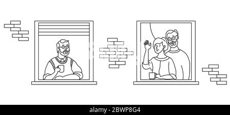 elderly couple looking for a house. windows with people neighbors. Self-isolation, quarantine during COVID-19. Stay home. An old man and a married Stock Vector