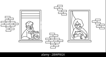 elderly couple looking for a house. windows with people neighbors. Elderly man with a dog and grandmother with a cat at the window. The concept of Stock Vector