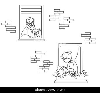 elderly couple looking for a house. windows with people neighbors. Elderly man with a dog, a woman with a watering can watering flowers. Self Stock Vector