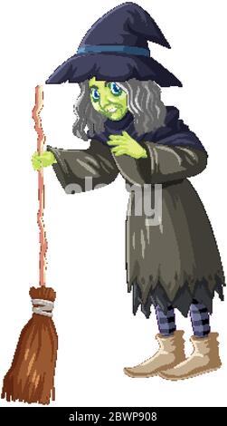 Old witch with crooked broom illustration Stock Vector