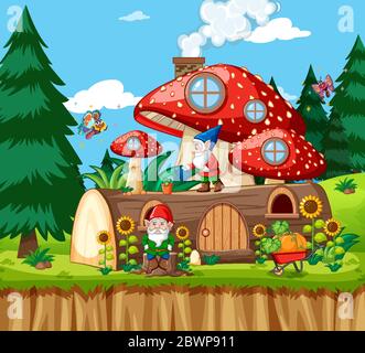 Gnomes and timber mushroom house and in the garden cartoon style on garden background illustration Stock Vector