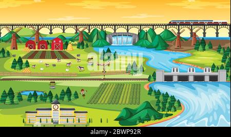 Farm field town and school and bridge sky train with dam side landscape scene cartoon style  illustration Stock Vector