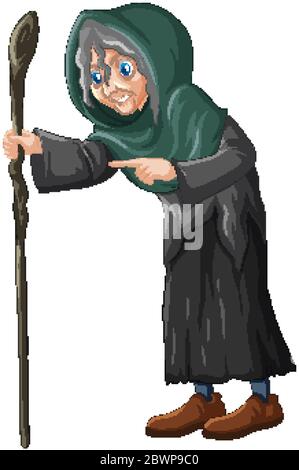 Old witch holding staff illustration Stock Vector