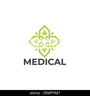 leaf plus medical herbs line design symbol logo vector Stock Vector