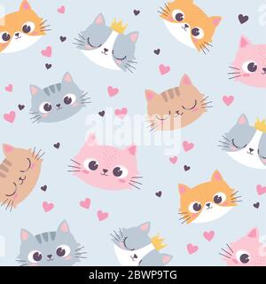 cute cats heads love heart cartoon animal funny character background vector illustration Stock Vector