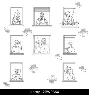 elderly couple looking for a house. windows with people neighbors. People look at neighbors, youth and old, different. social isolation during the Stock Vector