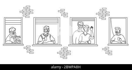 elderly couple looking for a house. windows with people neighbors. The men are old and young. Family - he and he, with a dog, with a cup, with a beard Stock Vector