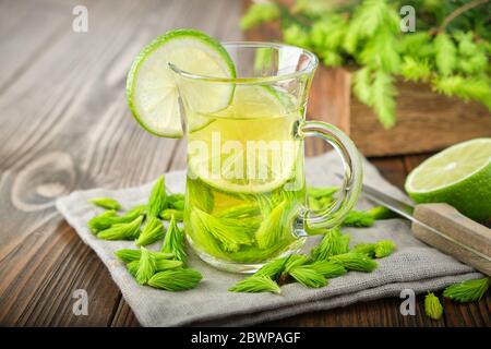 Detox water infused with sliced lime and spruce tips. Homemade refreshing lemonade or vitamin drink. Stock Photo